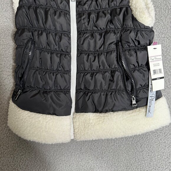 Pink Platinum Puffer Vest Girls Size‎ Small Black White Faux Sherpa Trim Casual - Picture 6 of 11